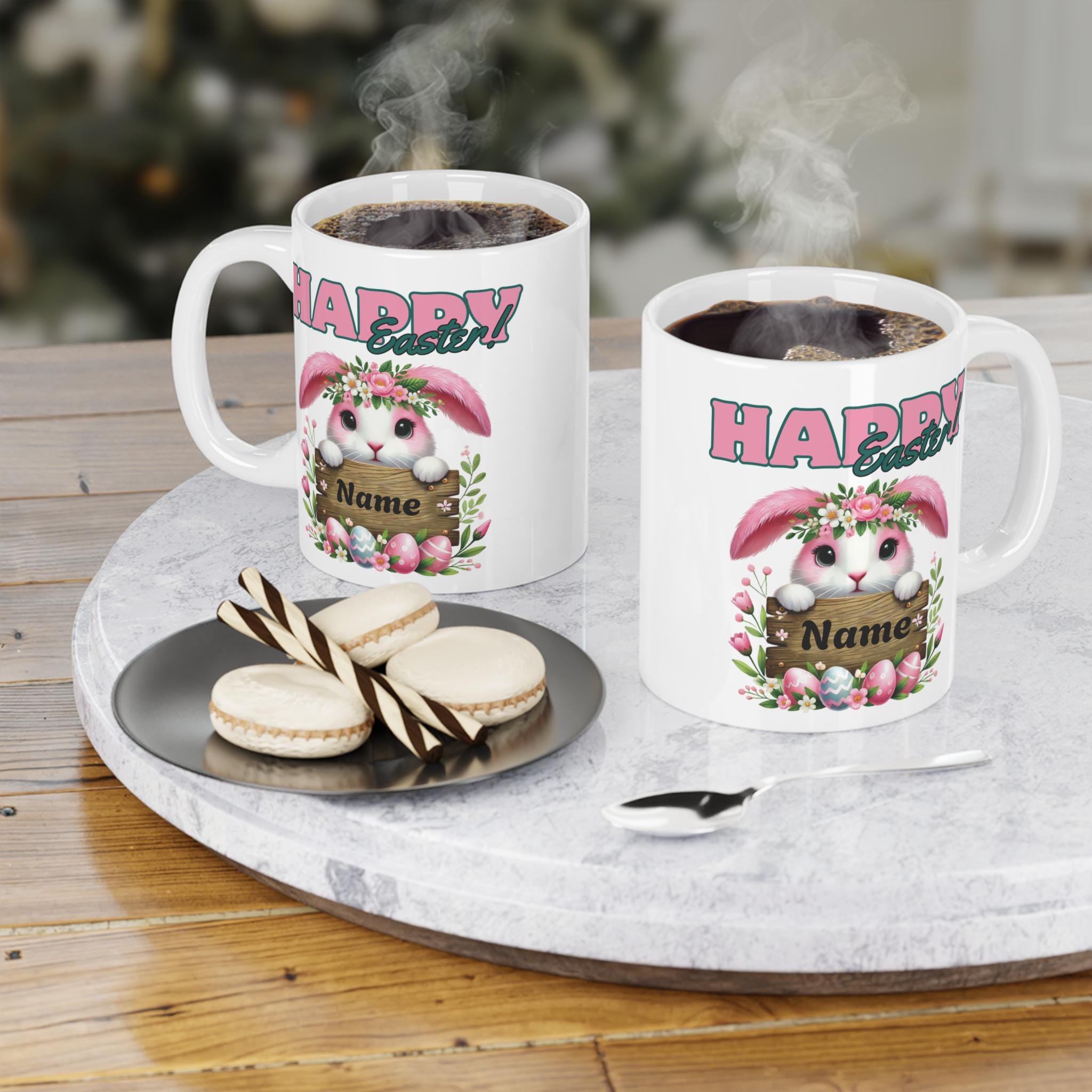 Happy Easter Ceramic Mug, Personalized Bunny Cup, Easter Gift For Kids, Spring Gift, Cute Easter Decoration, Custom Name Mug