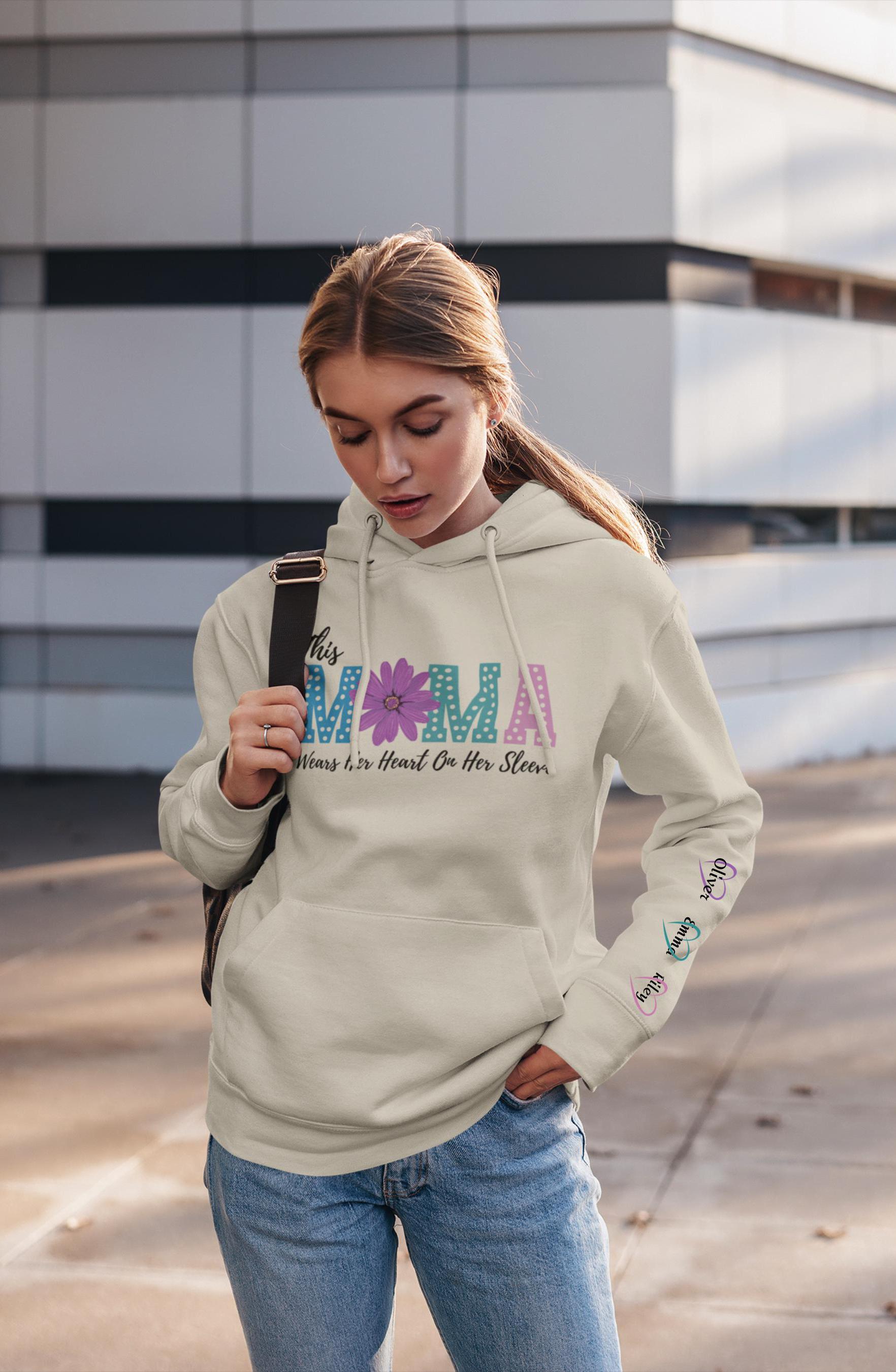 This Mama Wears the Heart on Her Sleeve Hoodie | Gift for Moms, Mother&#39;s Day Sweatshirt,  Personalized Gift for Mom, Custom Names on Sleeve