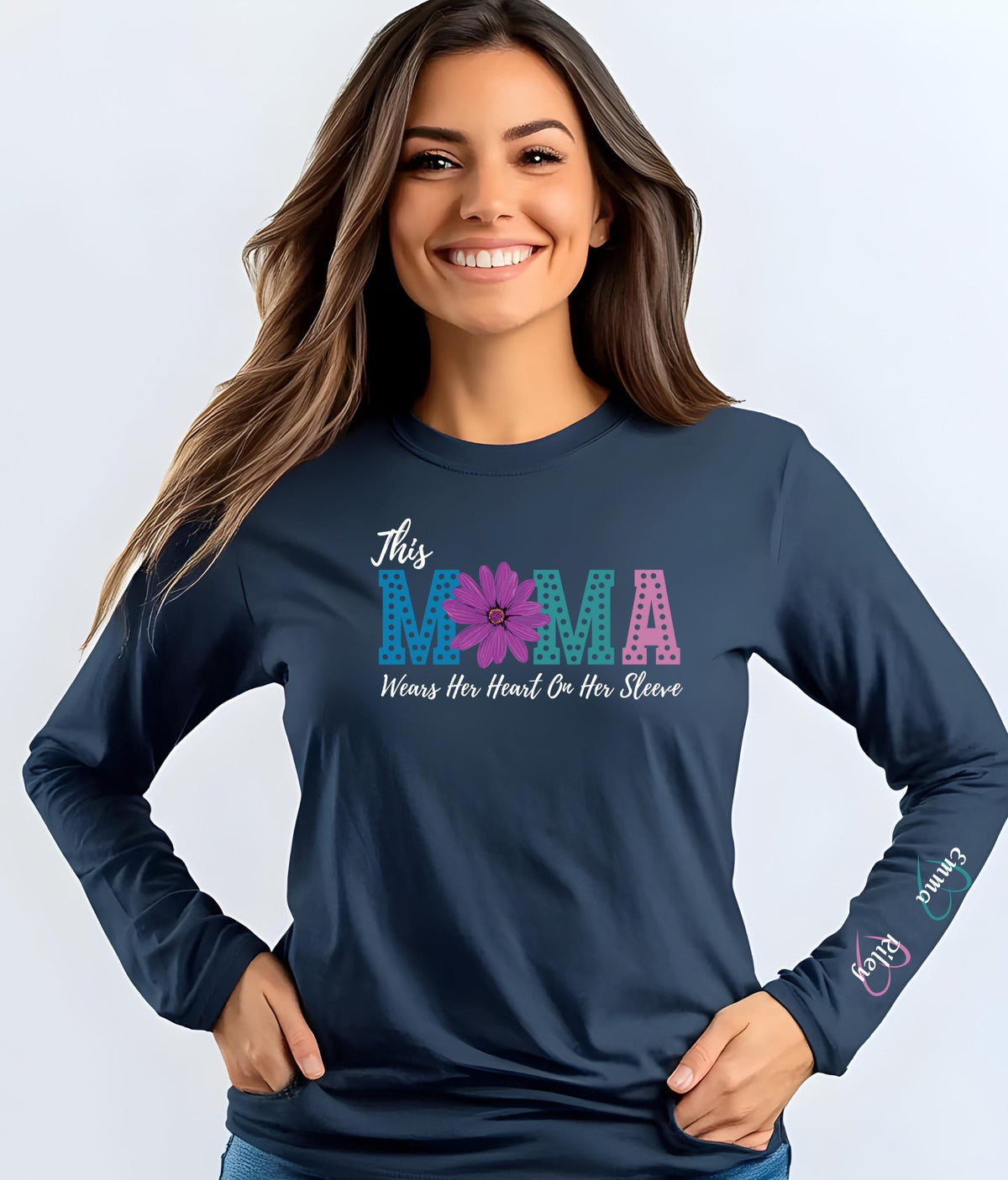 Mama Heart On Sleeve Long Sleeve T-Shirt, Gift for Moms, Mother's Day, Personalized Tee, Custom Mama TShirt