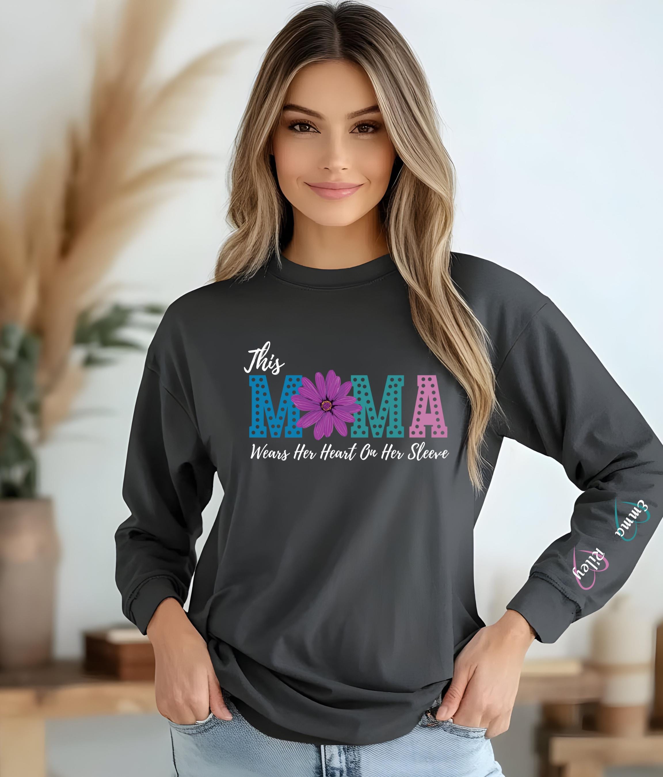 Mama Heart On Sleeve Long Sleeve T-Shirt, Gift for Moms, Mother's Day, Personalized Tee, Custom Mama TShirt