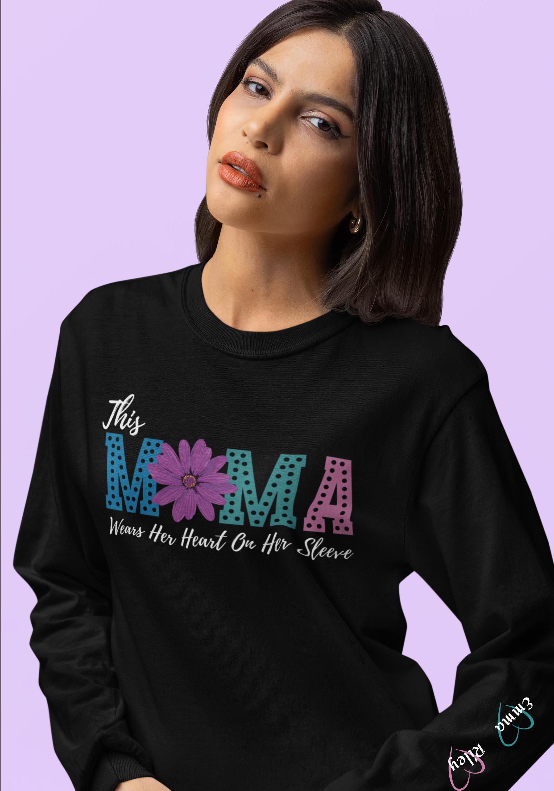 Mama Heart On Sleeve Long Sleeve T-Shirt, Gift for Moms, Mother's Day, Personalized Tee, Custom Mama TShirt