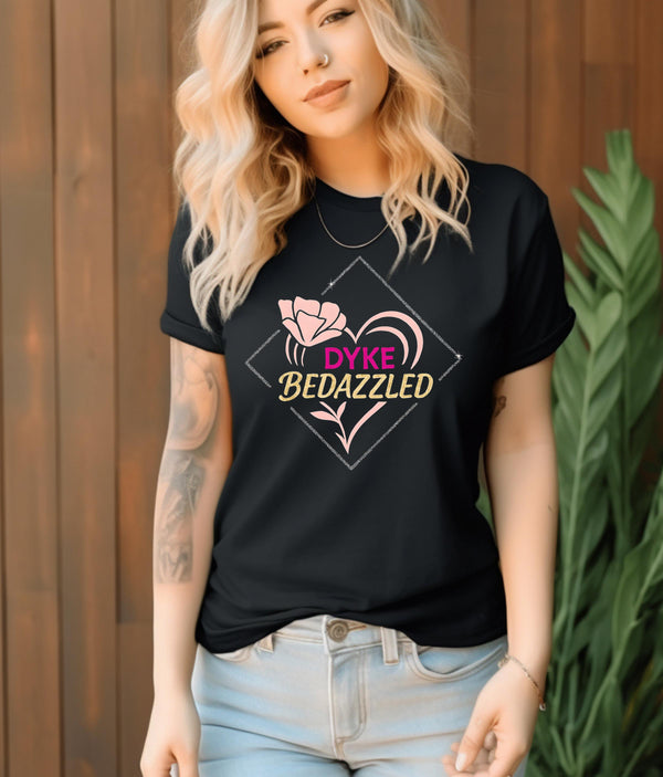 Dyke Bedazzled Rose T-Shirt, Vintage Graphic Tee, Gift for Her, lesbian pride, gay rights shirt, LGBTQ gift, Pink Floral Shirt