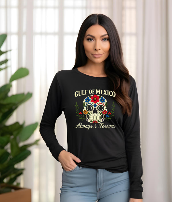 Gulf of Mexico Day of the Dead Crewneck, Anti Trump Gift, Floral Skull T-Shirt for Mexico Lovers
