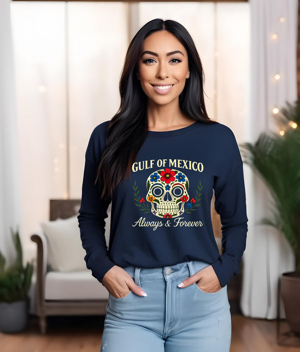 Gulf of Mexico Day of the Dead Crewneck, Anti Trump Gift, Floral Skull T-Shirt for Mexico Lovers