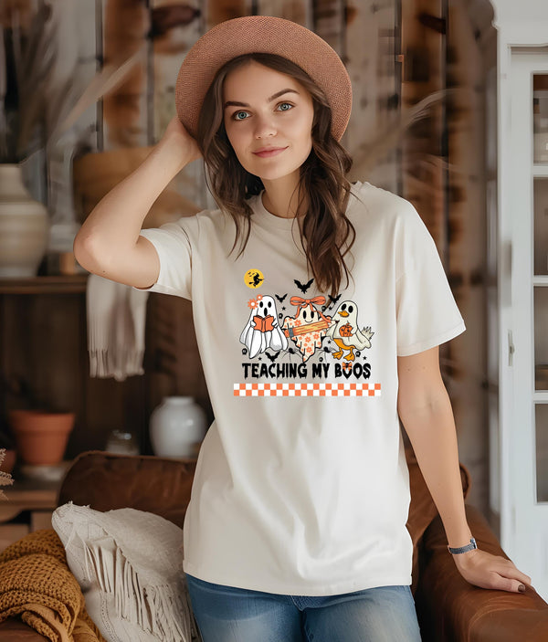 Teaching My Boos Halloween Teacher Shirt, Adorable Ghost Design, Spooky Pencil Tee, Teacher Gift for Fall