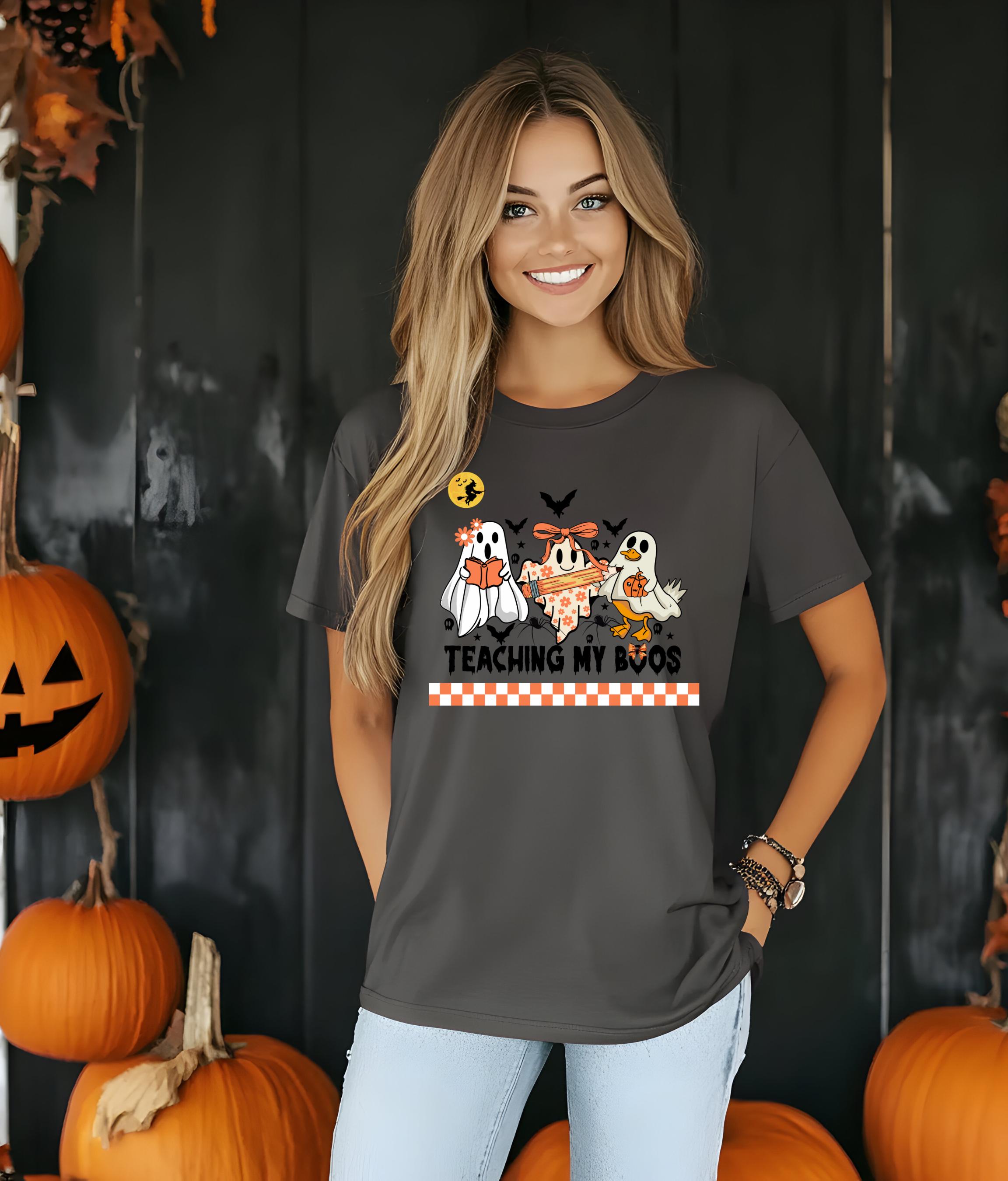 Teaching My Boos Halloween Teacher Shirt, Adorable Ghost Design, Spooky Pencil Tee, Teacher Gift for Fall
