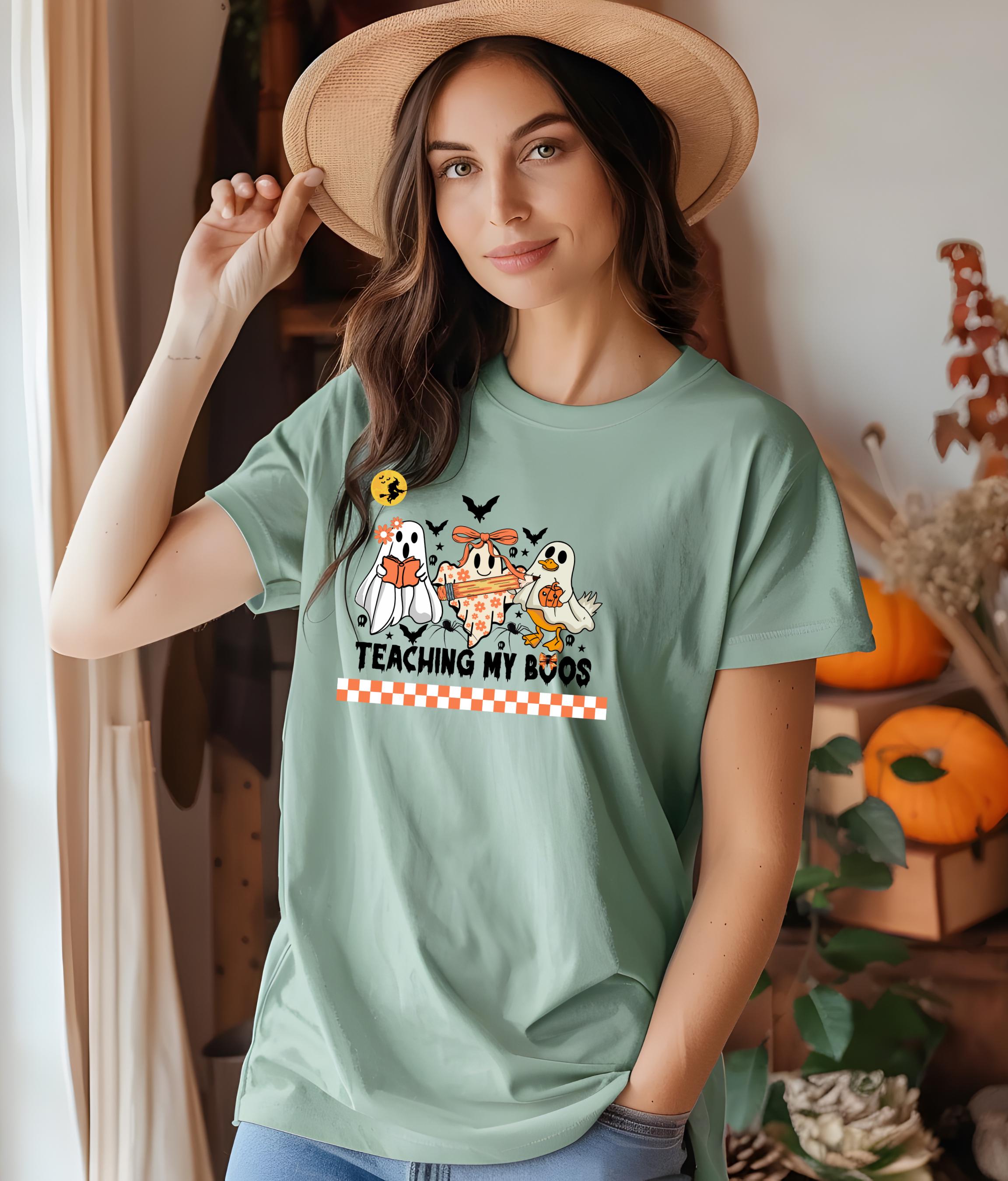 Teaching My Boos Halloween Teacher Shirt, Adorable Ghost Design, Spooky Pencil Tee, Teacher Gift for Fall