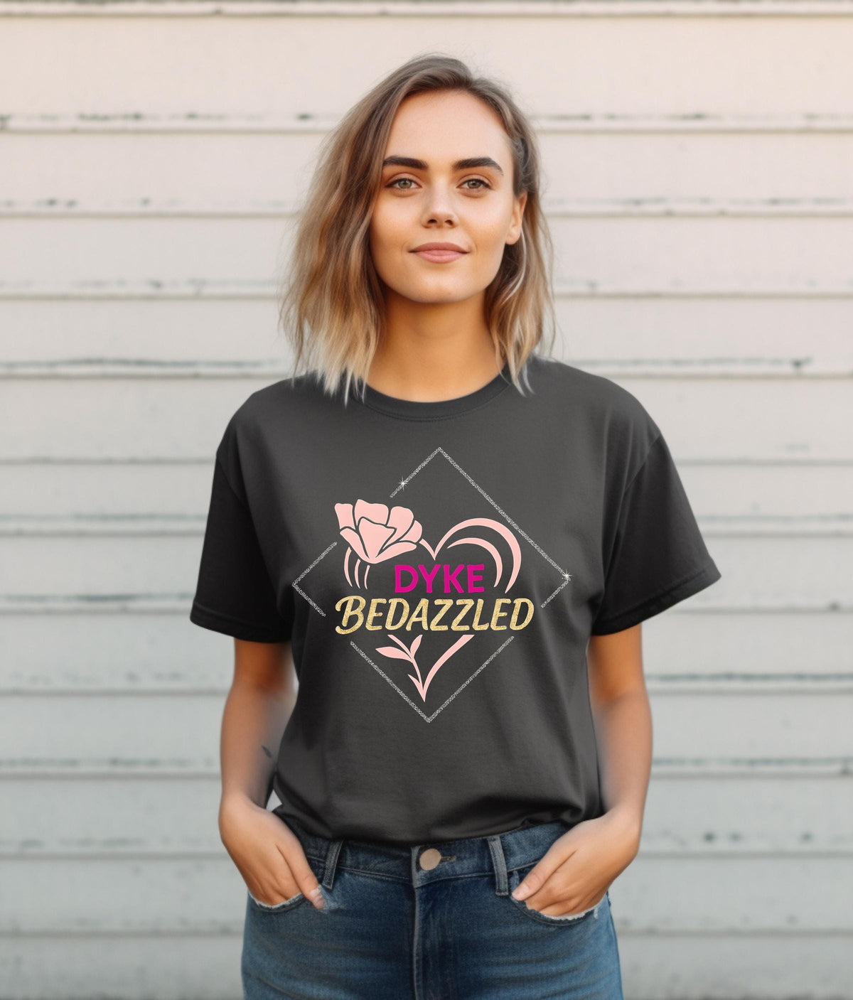 Dyke Bedazzled Rose T-Shirt, Vintage Graphic Tee, Gift for Her, lesbian pride, gay rights shirt, LGBTQ gift, Pink Floral Shirt