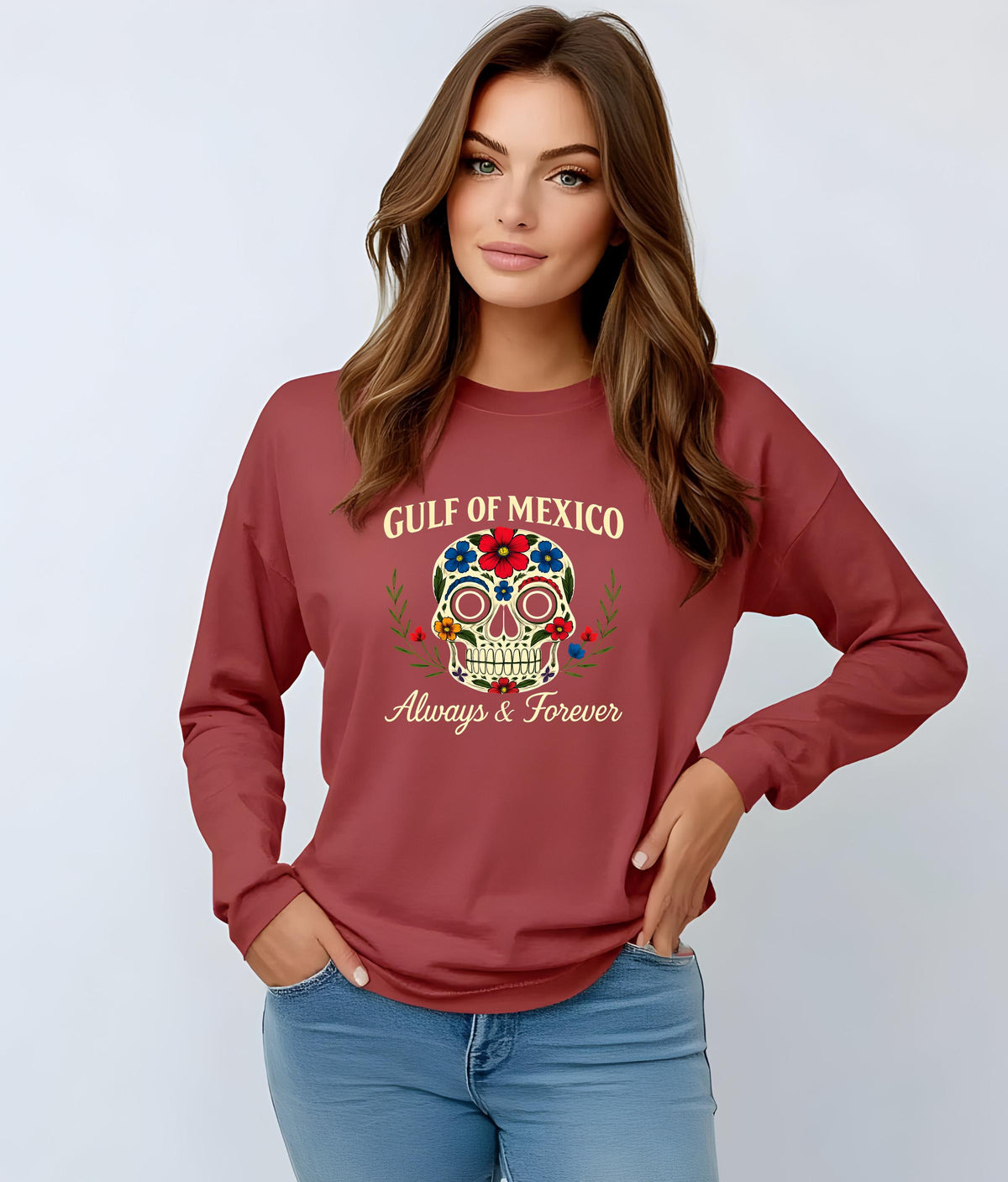 Gulf of Mexico Day of the Dead Crewneck, Anti Trump Gift, Floral Skull T-Shirt for Mexico Lovers