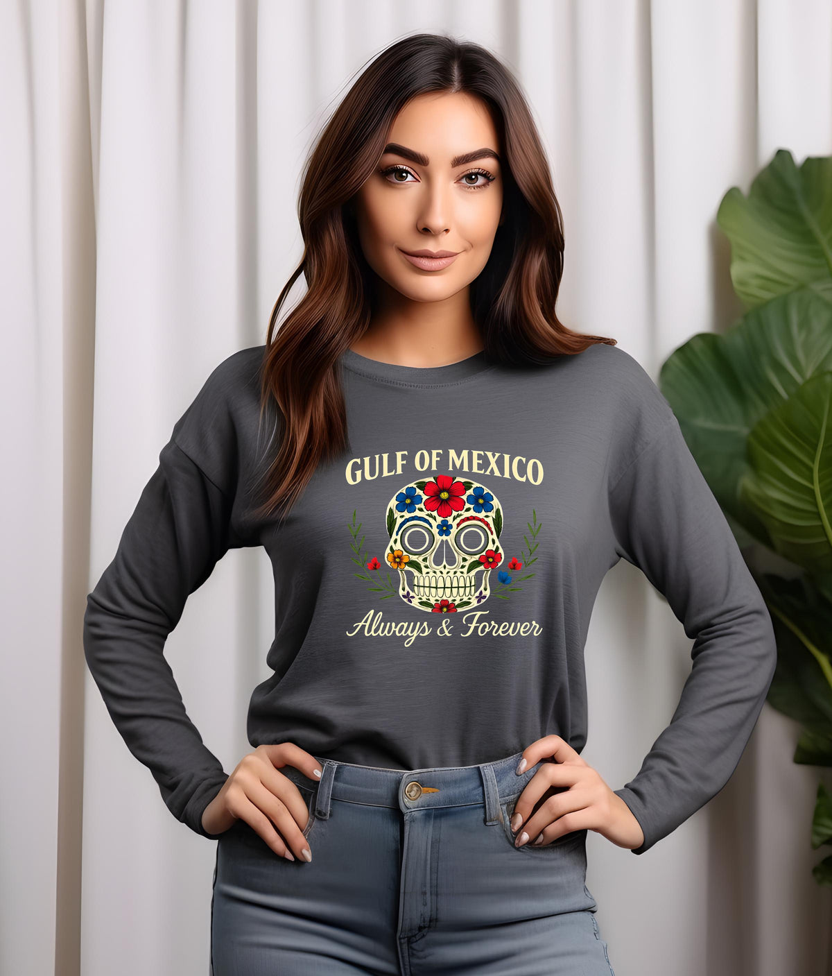 Gulf of Mexico Day of the Dead Crewneck, Anti Trump Gift, Floral Skull T-Shirt for Mexico Lovers