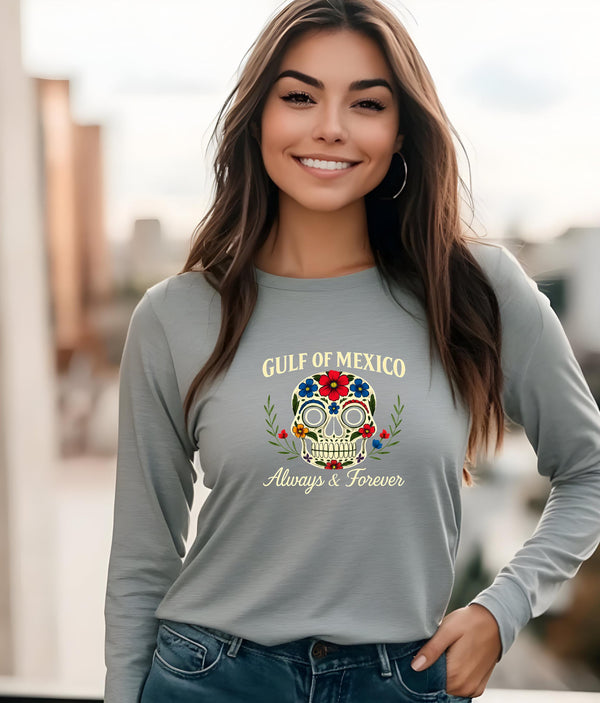 Gulf of Mexico Day of the Dead Crewneck, Anti Trump Gift, Floral Skull T-Shirt for Mexico Lovers