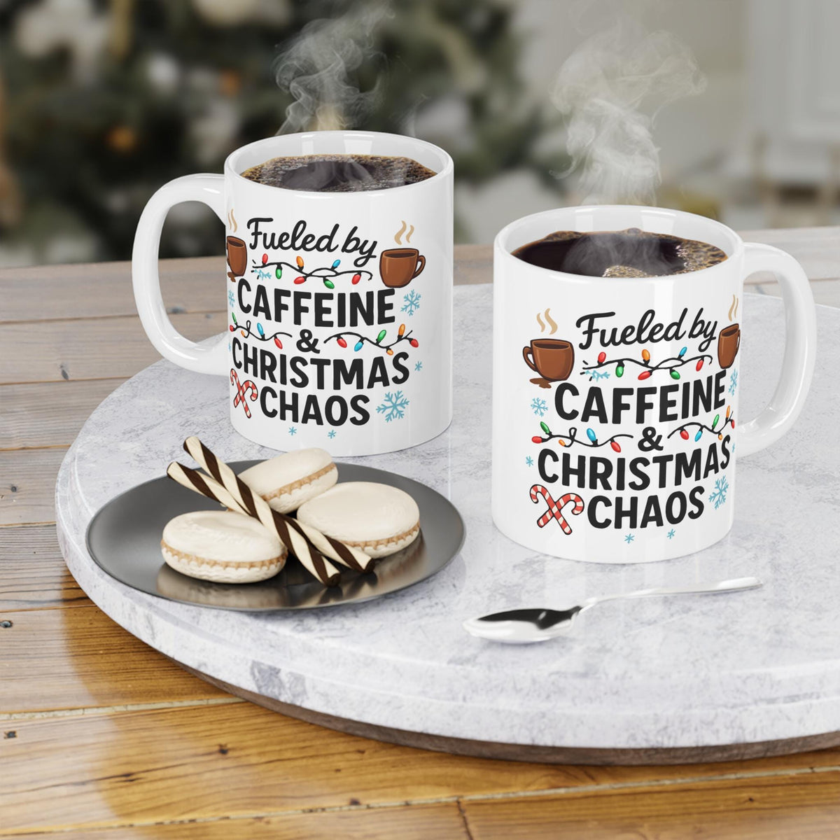 Fueled by Caffeine and Christmas Chaos Mug: Funny Holiday Coffee Cup