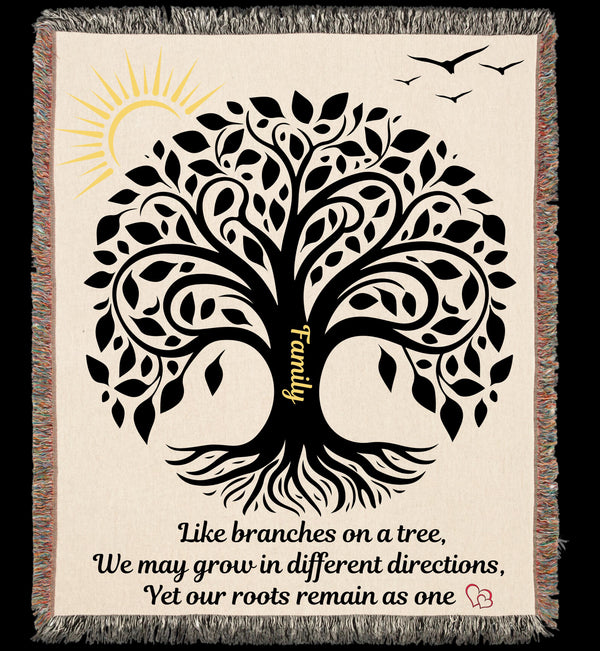 Family Tree Woven Blanket - Whimsical Cotton Tapestry