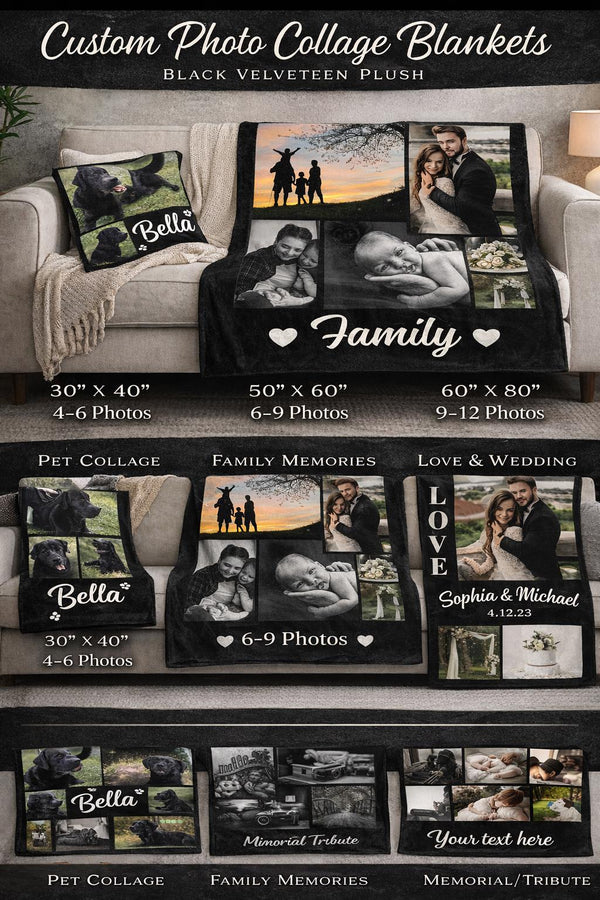 Personalized Photo Collage Blanket, Velveteen Plush Throw, Memorial Gift