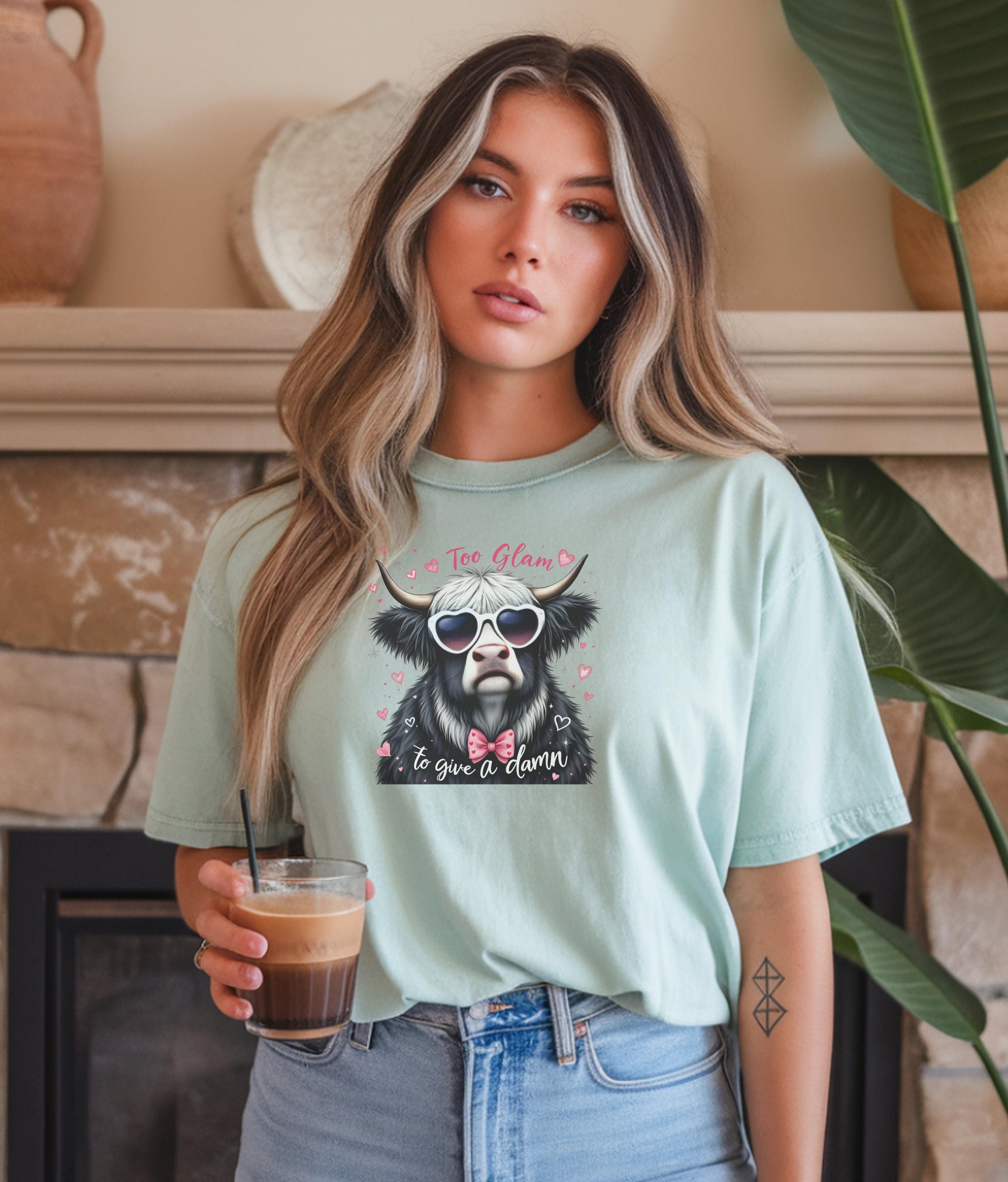 Custom Animal Graphic Tee, Funny Cow Shirt, Highland Cow Lover Gift, Heart Sunglasses T-Shirt, Bow Tie Graphic Tee, Women's Casual Trendy To
