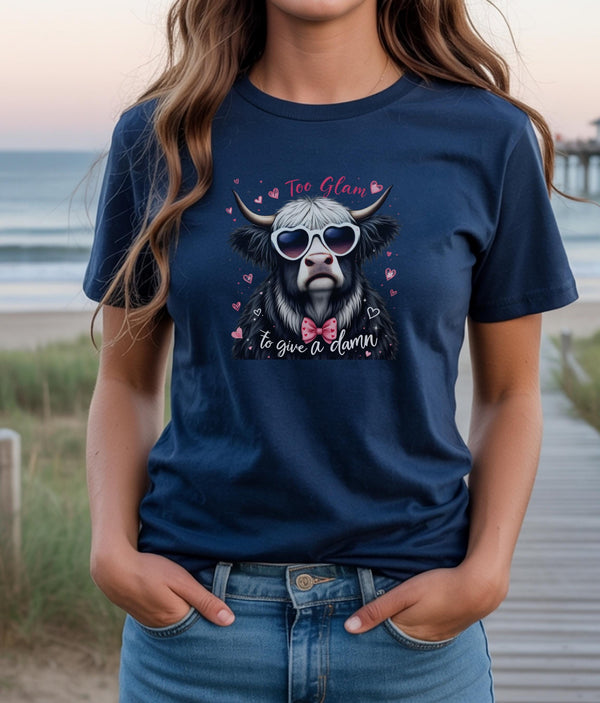 Custom Animal Graphic Tee, Funny Cow Shirt, Highland Cow Lover Gift, Heart Sunglasses T-Shirt, Bow Tie Graphic Tee, Women's Casual Trendy To