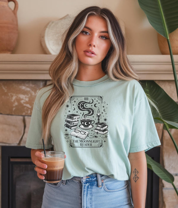 Mystical Reader Shirt, Celestial Book Lover Tee, Moonlit Reading Shirt, Cozy Cotton T-shirt, Gift for Bookworms, Astrology Graphic Top