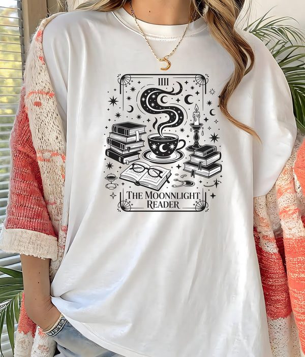 Mystical Reader Shirt, Celestial Book Lover Tee, Moonlit Reading Shirt, Cozy Cotton T-shirt, Gift for Bookworms, Astrology Graphic Top