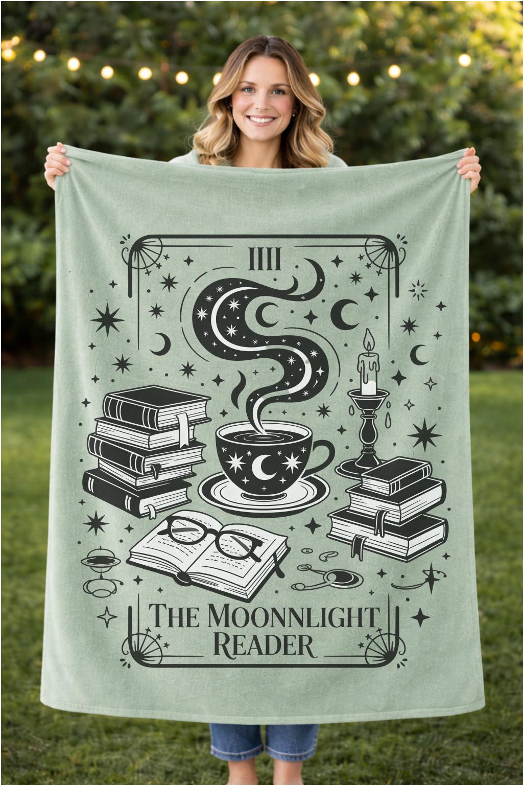 Cozy Book Lover Gift, Plush Reading Blanket, Celestial Design Throw, Astrology Bookish Gift, Soft Sage Green Velveteen Blanket, Cozy Reading