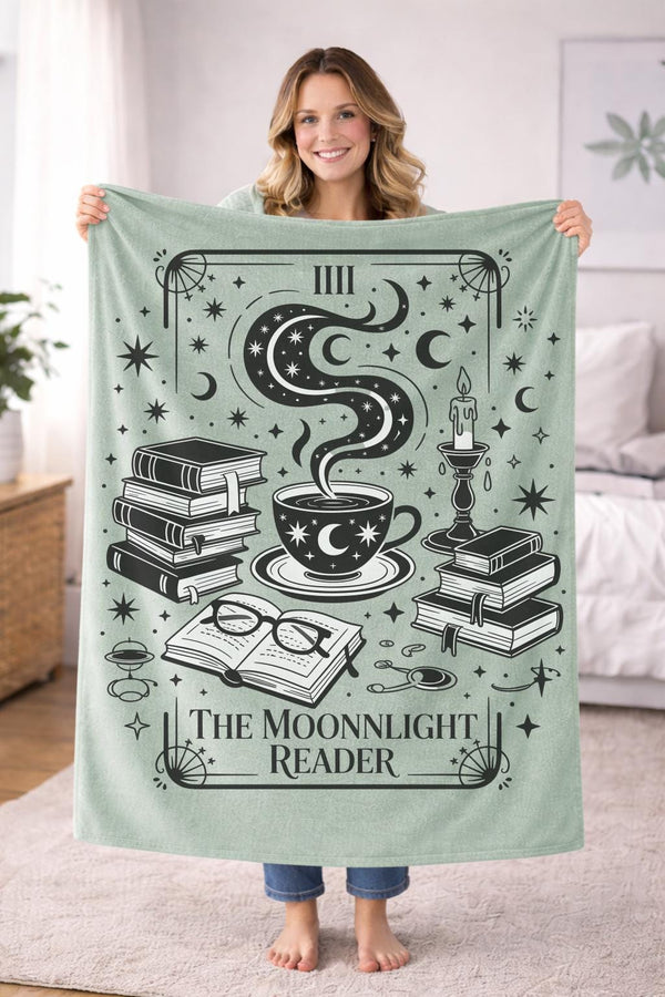 Cozy Book Lover Gift, Plush Reading Blanket, Celestial Design Throw, Astrology Bookish Gift, Soft Sage Green Velveteen Blanket, Cozy Reading