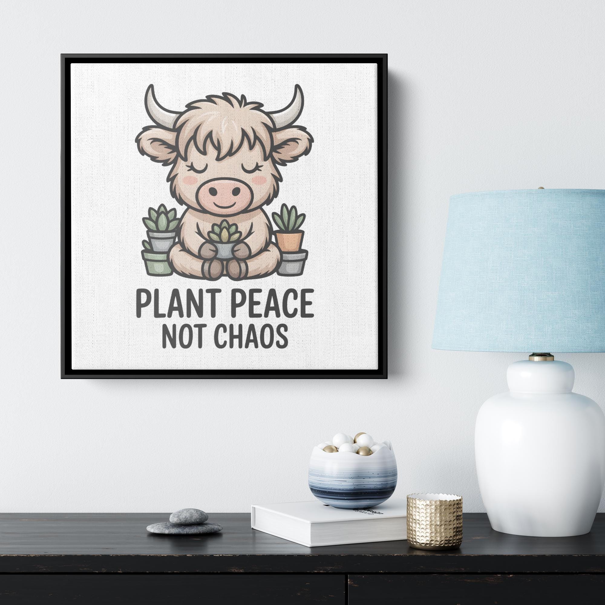 Fluffy Highland Cow Plant Art Wall Decor, Cute Animal Canvas Art, Peaceful Home Decor, Inspirational Nursery Art Print, Farmhouse Wall Art
