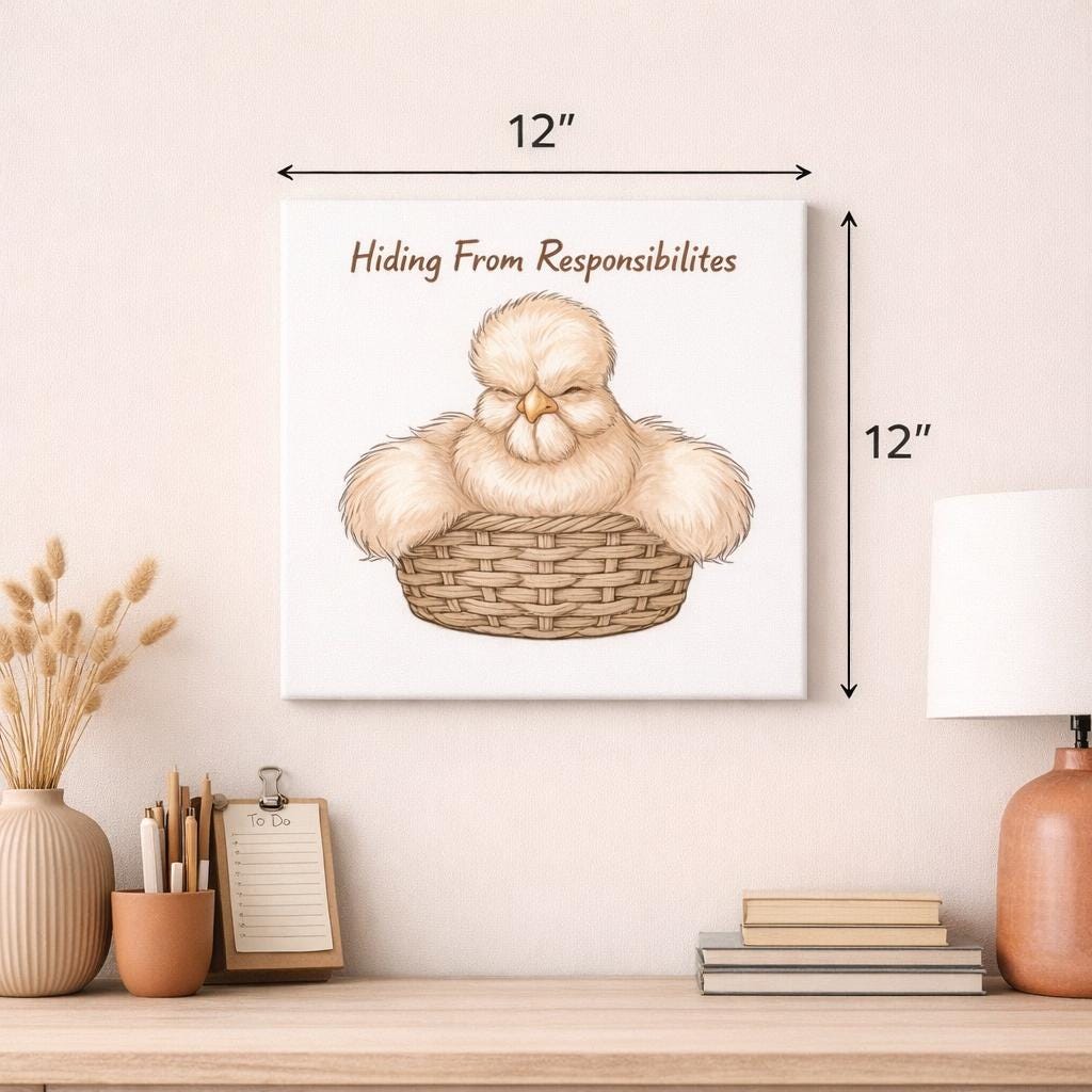 Hiding From Responsibilities Canvas Wall Art | Funny Chicken Art Print | Cute Farm Humor Decor | Cozy Cottage Wall Art Matte Canvas, Stretch