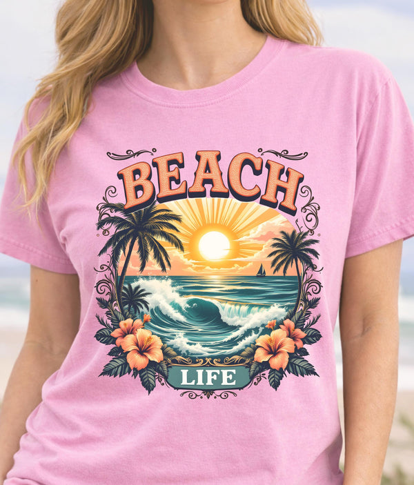 Beach Life T-Shirt | Vintage Sunset Ocean Graphic Tee | Coastal Summer Shirt | Unisex Beach Vibes Tee