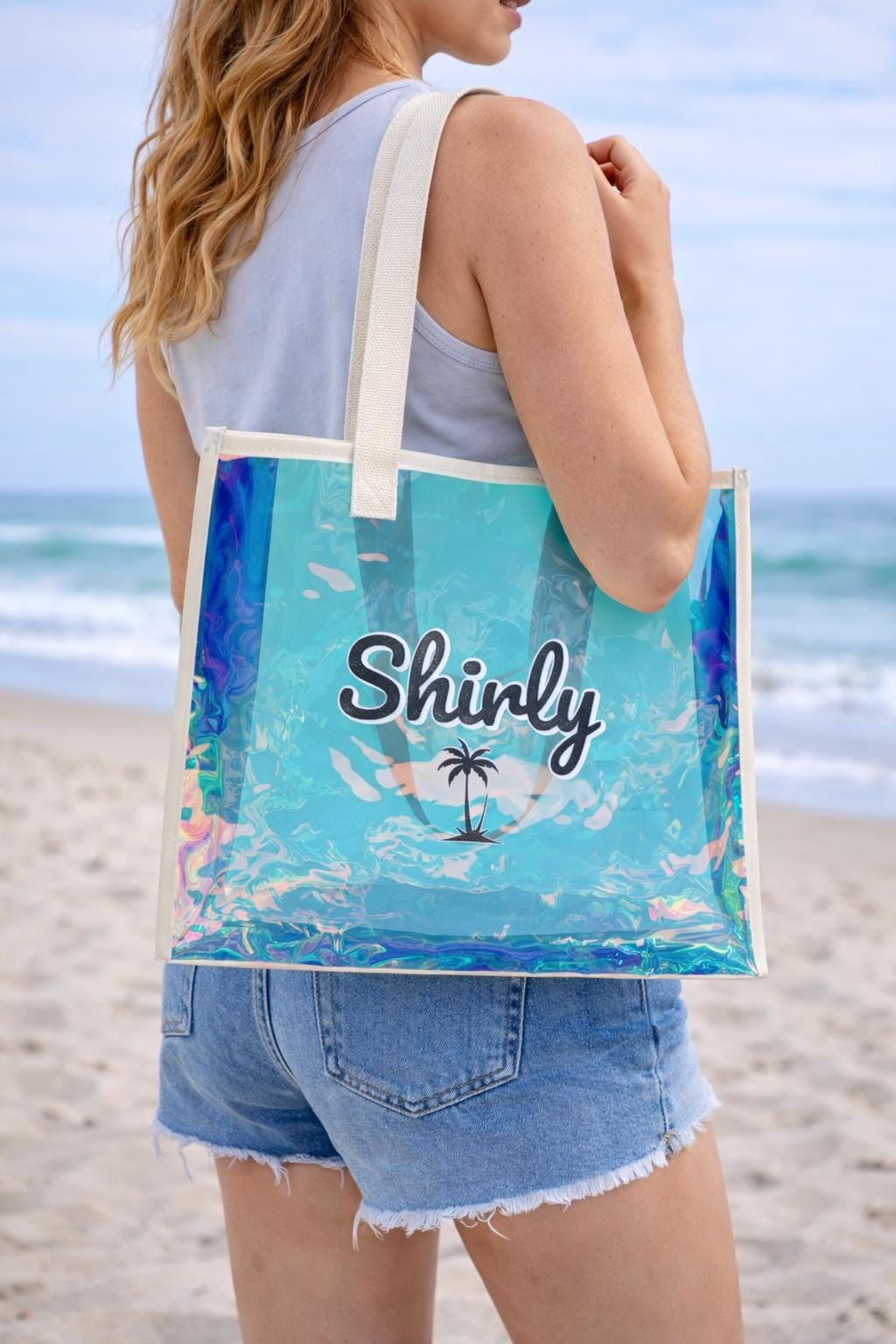 Personalized Beach Holographic Tote Bag | Custom Name Palm Tree Bag | Clear Summer Beach Bag | Vacation Pool Tote
