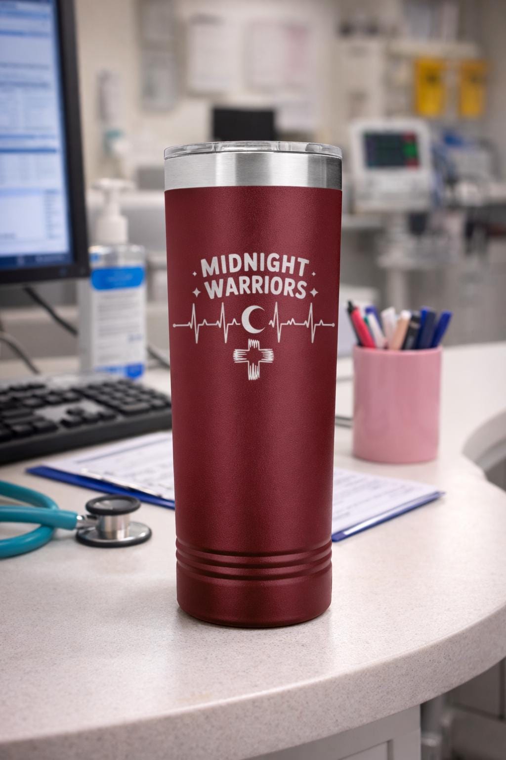 Midnight Warriors 22oz Nurse Tumbler, double wall insulated, shift work coffee cup