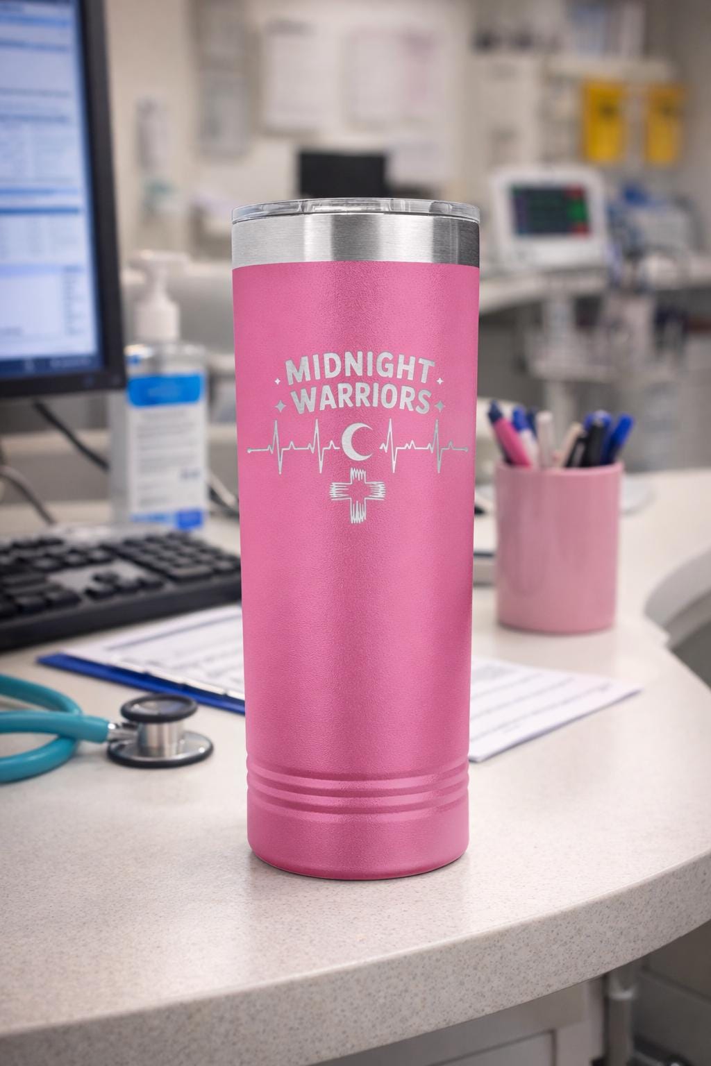 Midnight Warriors 22oz Nurse Tumbler, double wall insulated, shift work coffee cup