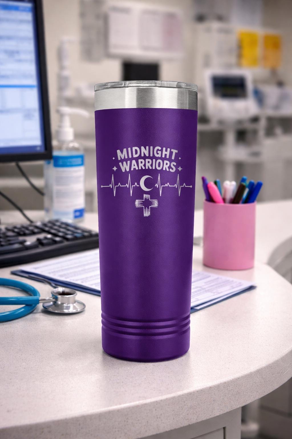 Midnight Warriors 22oz Nurse Tumbler, double wall insulated, shift work coffee cup