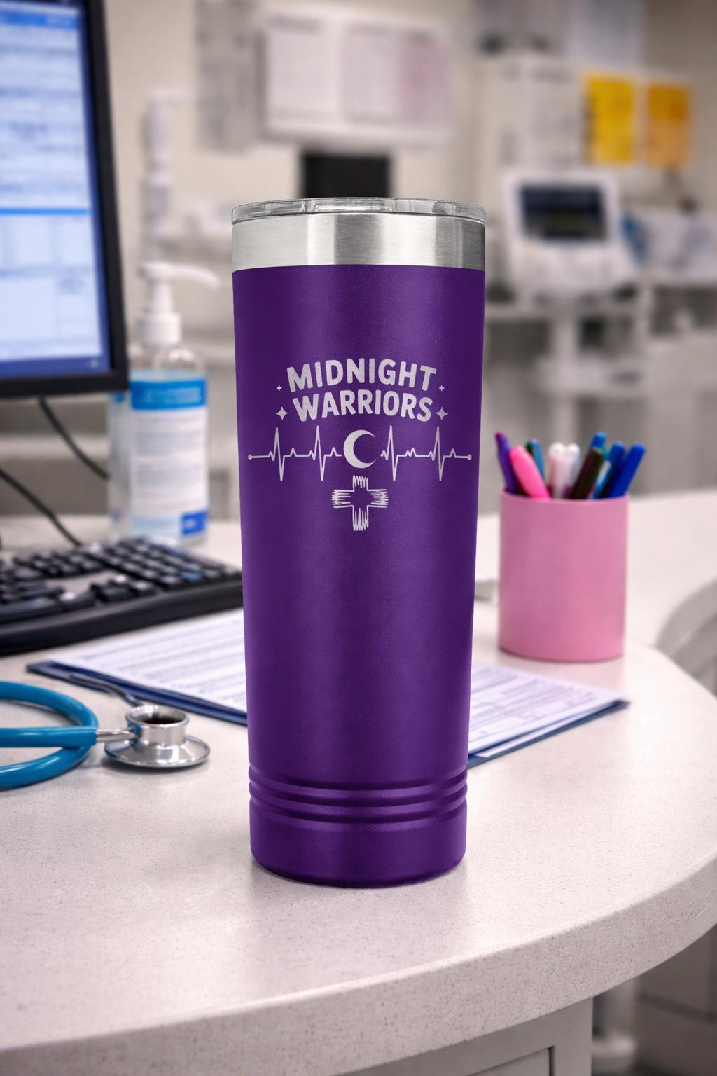 Midnight Warriors 22oz Nurse Tumbler, double wall insulated, shift work coffee cup