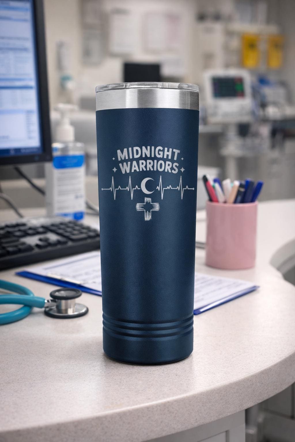 Midnight Warriors 22oz Nurse Tumbler, double wall insulated, shift work coffee cup