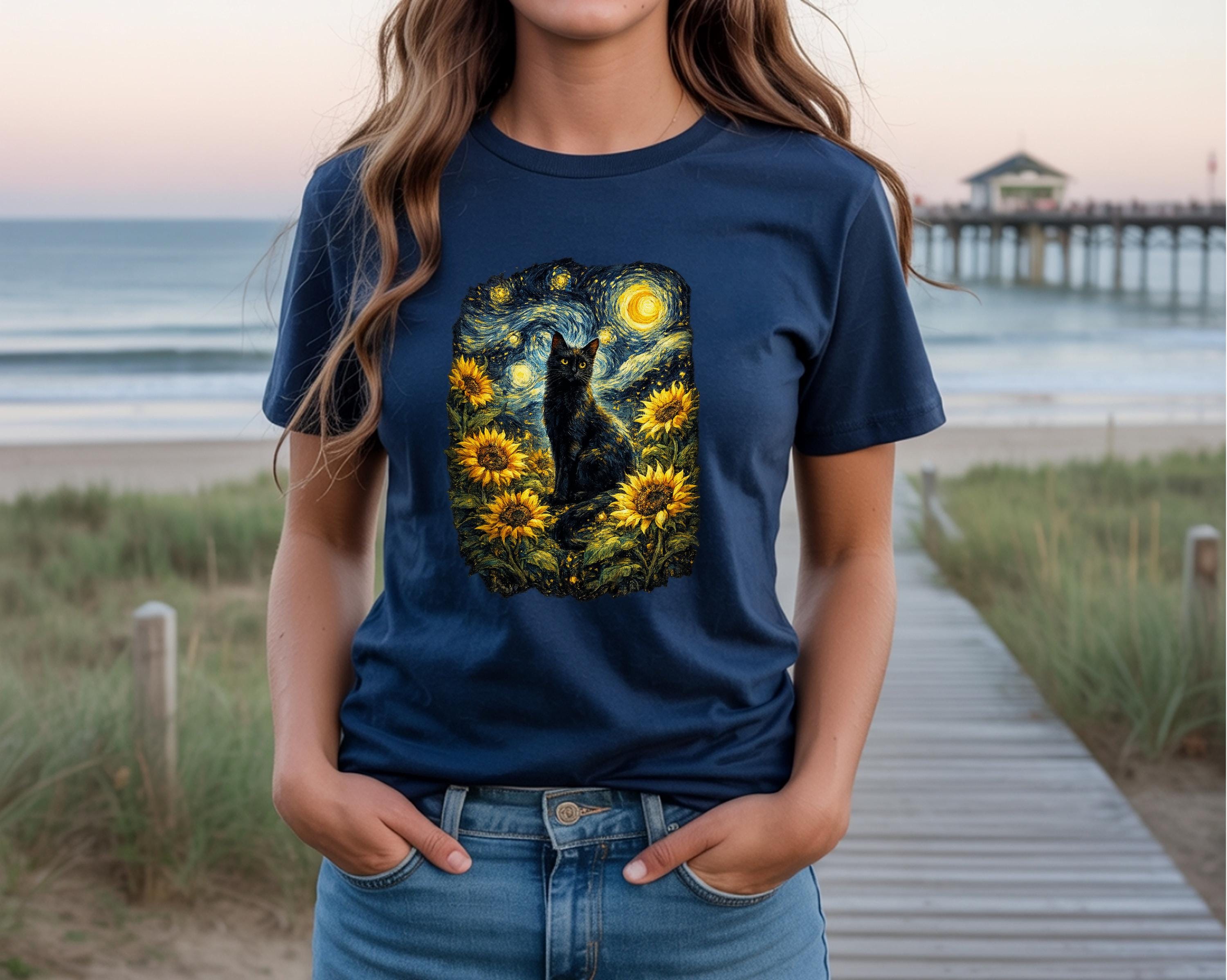 Van Gogh Cat Shirt | Starry Night Cat Tee | Aesthetic Black Cat Art | Sunflower Van Gogh Print Gift