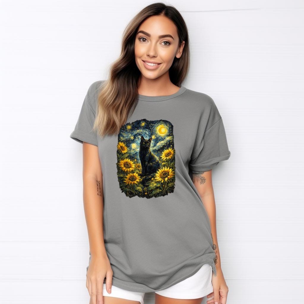Van Gogh Cat Shirt | Starry Night Cat Tee | Aesthetic Black Cat Art | Sunflower Van Gogh Print Gift