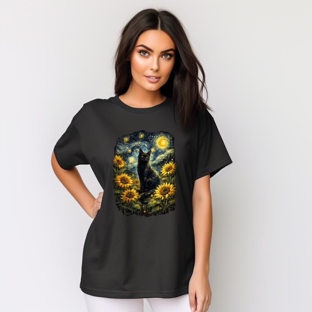 Van Gogh Cat Shirt | Starry Night Cat Tee | Aesthetic Black Cat Art | Sunflower Van Gogh Print Gift