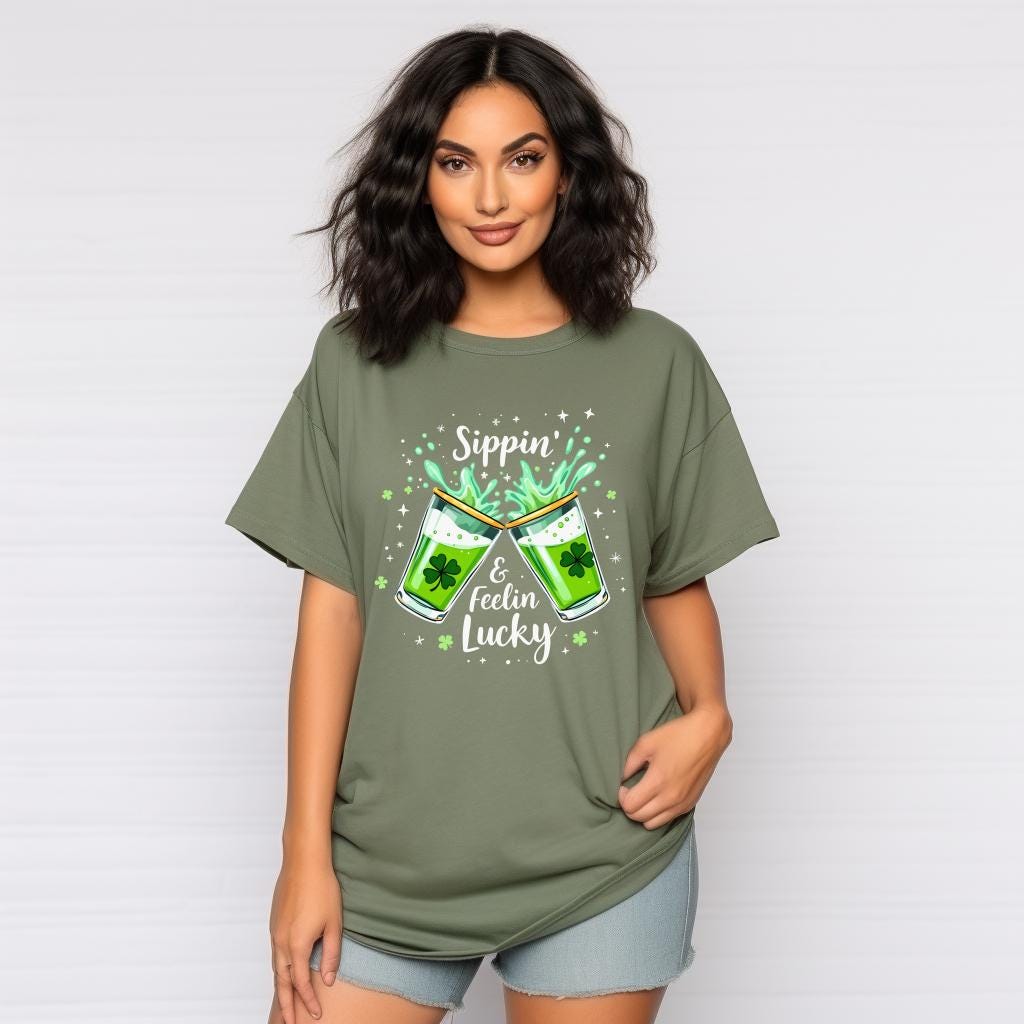 Sippin & Feelin Lucky Shirt, St Patricks Day Graphic Tee, Shamrock Drink Tee, Funny Irish Party Shirt