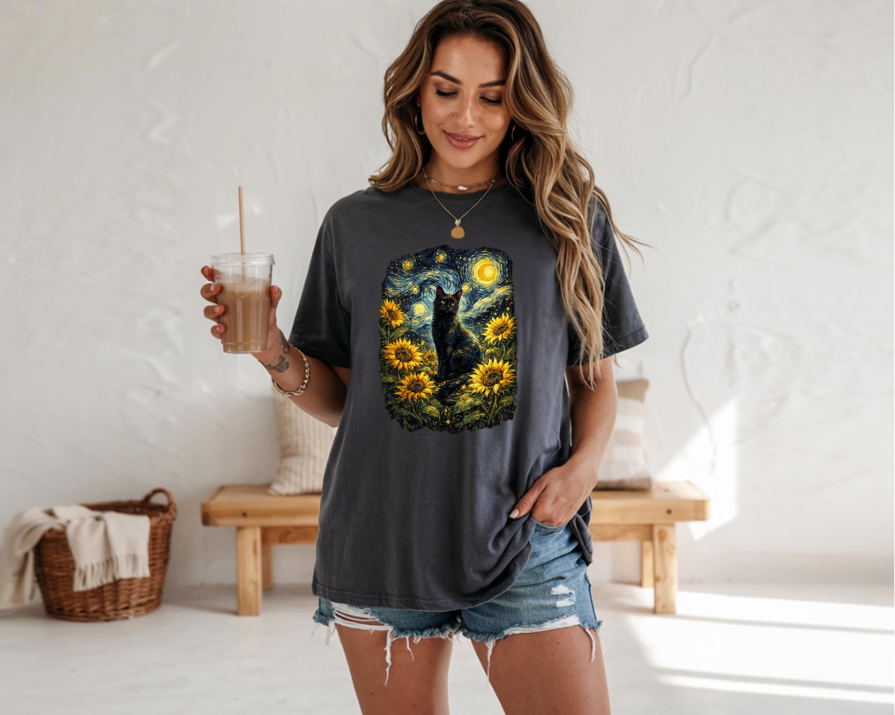 Van Gogh Cat Shirt | Starry Night Cat Tee | Aesthetic Black Cat Art | Sunflower Van Gogh Print Gift