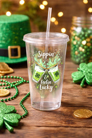 Sippin & Feelin Lucky 16oz Acrylic Tumbler | Irish Green Beer Cup | St Patrick’s Day Party Cup with Straw