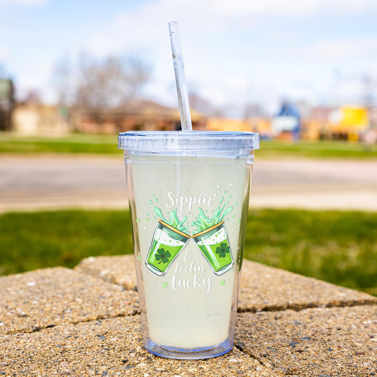 Sippin & Feelin Lucky 16oz Acrylic Tumbler | Irish Green Beer Cup | St Patrick’s Day Party Cup with Straw