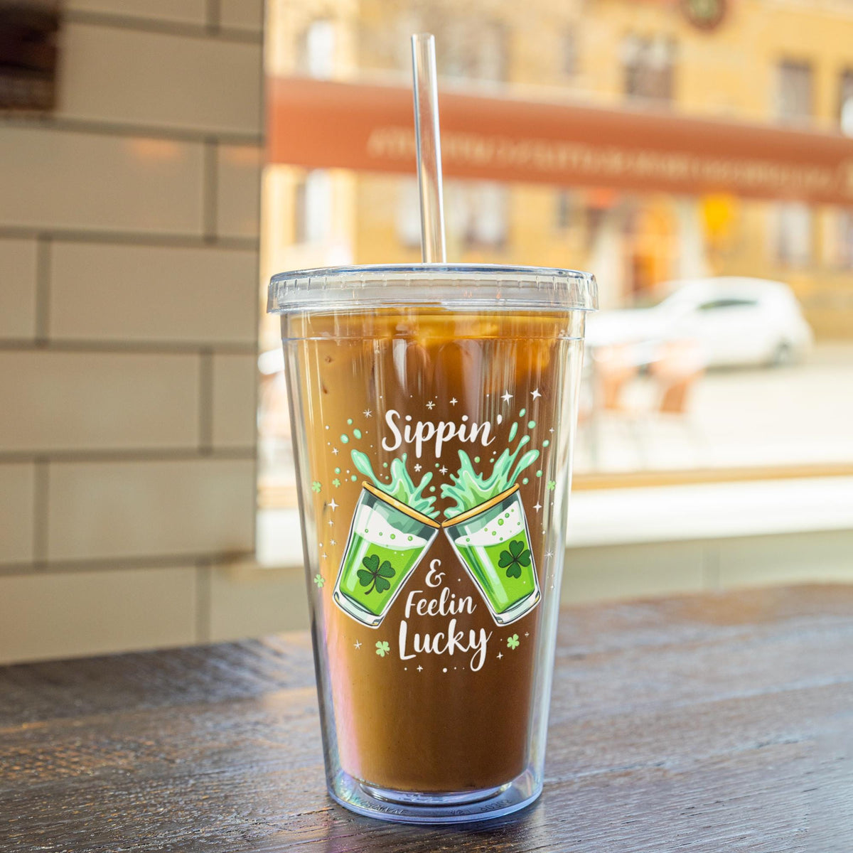 Sippin & Feelin Lucky 16oz Acrylic Tumbler | Irish Green Beer Cup | St Patrick’s Day Party Cup with Straw