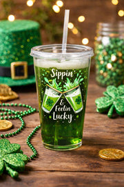 Sippin & Feelin Lucky 16oz Acrylic Tumbler | Irish Green Beer Cup | St Patrick’s Day Party Cup with Straw
