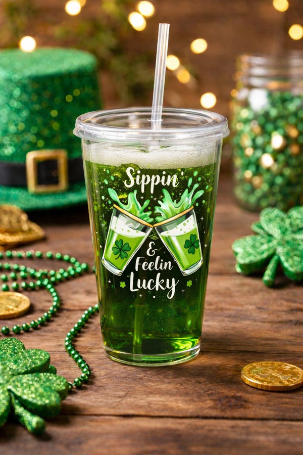 Sippin & Feelin Lucky 16oz Acrylic Tumbler | Irish Green Beer Cup | St Patrick’s Day Party Cup with Straw