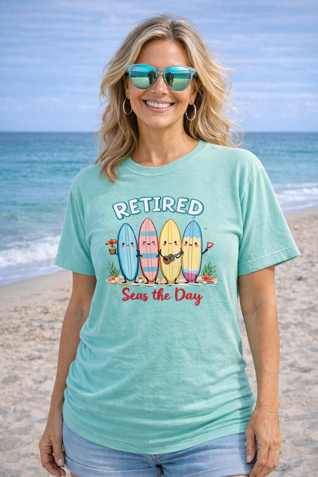 Retirement Shirt Comfort Colors 1717 | Retired Seas the Day Tee | Beach Retirement Gift | Funny Coastal Surfboard Shirt