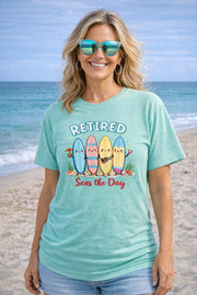 Retirement Shirt Comfort Colors 1717 | Retired Seas the Day Tee | Beach Retirement Gift | Funny Coastal Surfboard Shirt