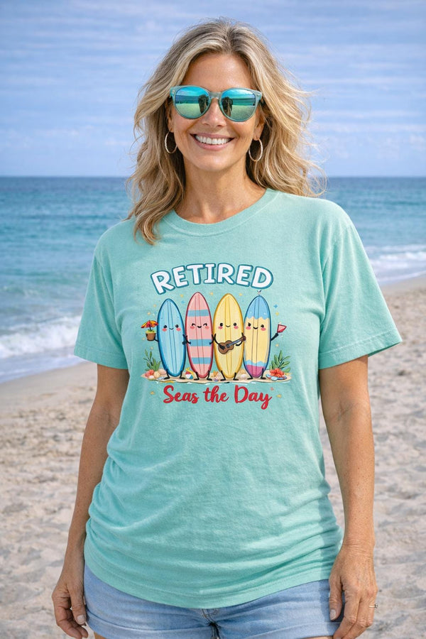 Retirement Shirt Comfort Colors 1717 | Retired Seas the Day Tee | Beach Retirement Gift | Funny Coastal Surfboard Shirt