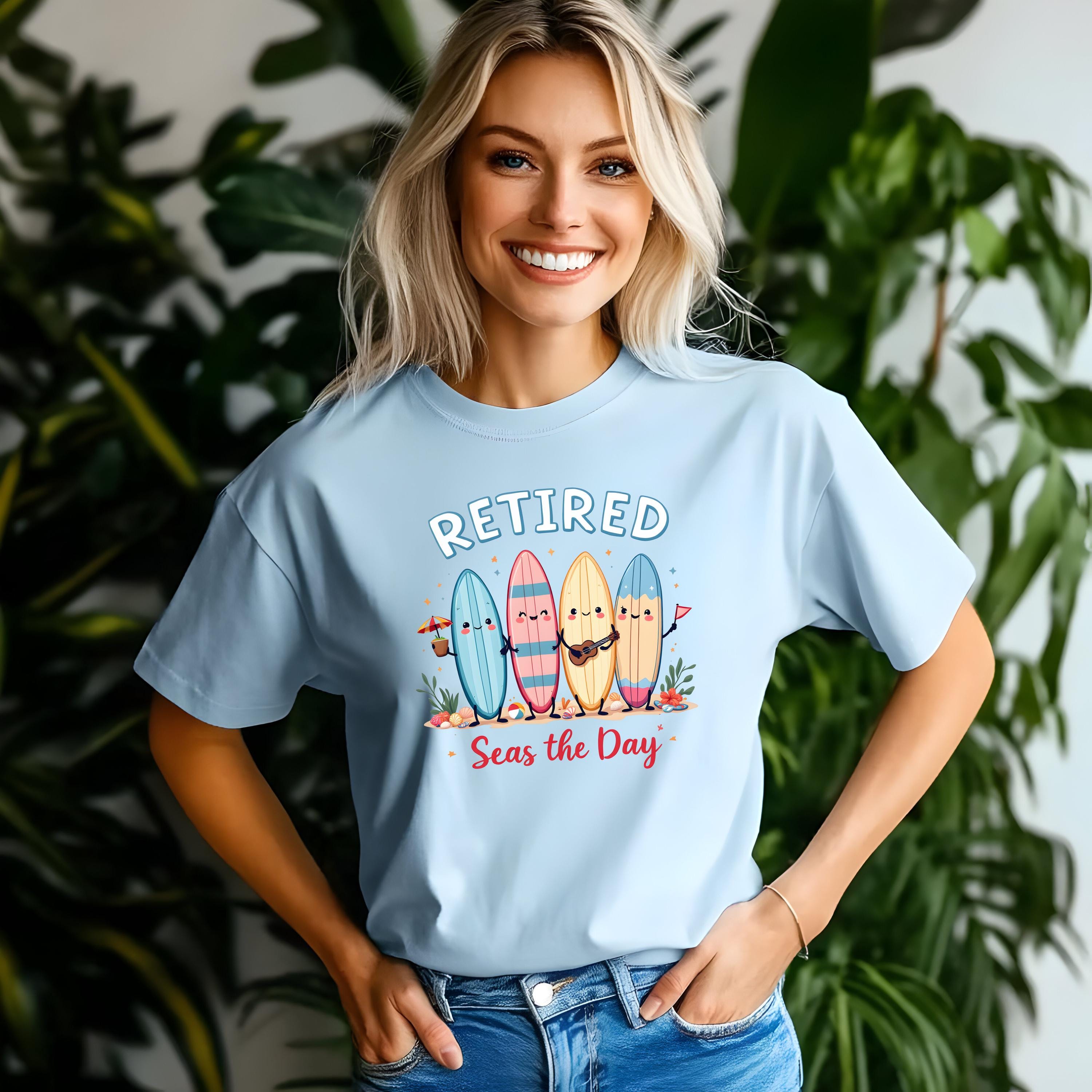 Retirement Shirt Comfort Colors 1717 | Retired Seas the Day Tee | Beach Retirement Gift | Funny Coastal Surfboard Shirt
