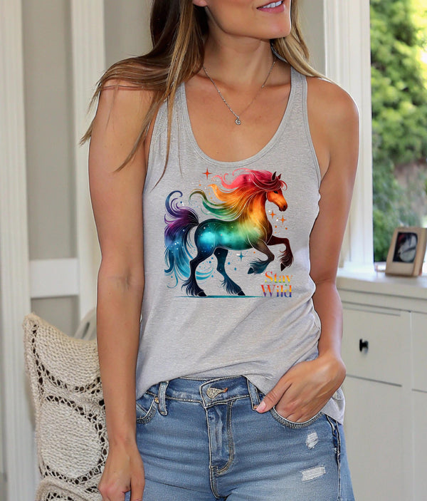 LGBTQ Pride Apparel, Funny Gift for Unicorn Lovers, Love is Love, Rainbow Stay Wild Tank Top Women's Racerback Tank, Pride Unicorn Shirt