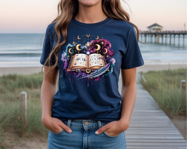 Celestial Spellbook Shirt | Moon Phase Astrology Tee | Mystic Witchy Art T-Shirt | Fantasy Magic Graphic Top