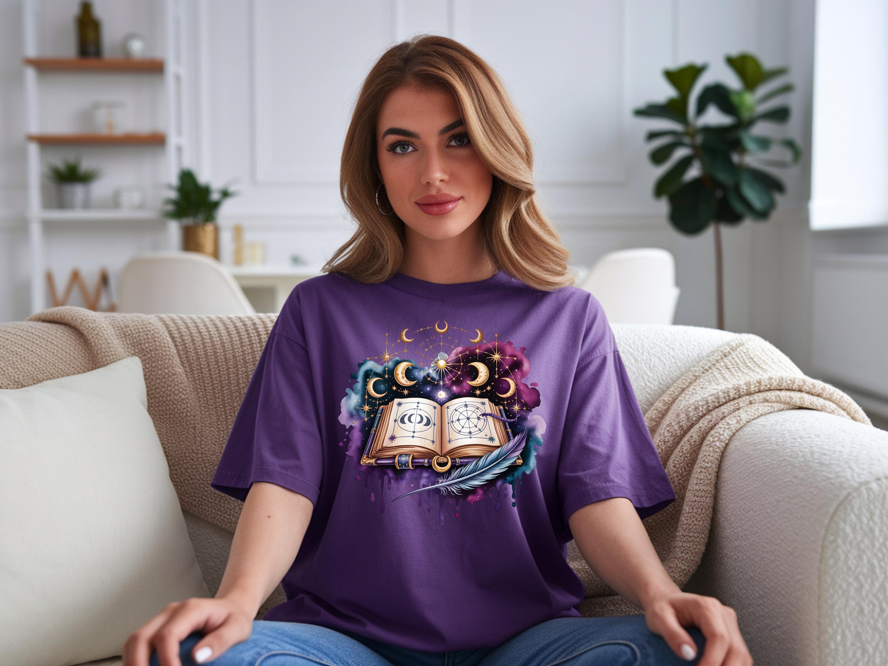 Celestial Spellbook Shirt | Moon Phase Astrology Tee | Mystic Witchy Art T-Shirt | Fantasy Magic Graphic Top